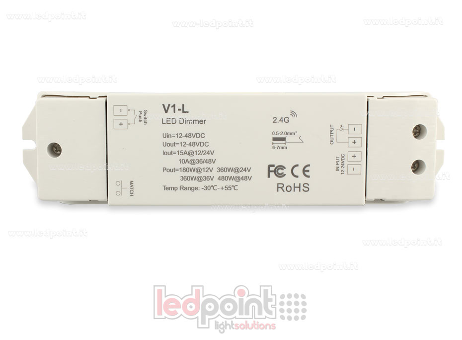 Receptor dimmer monocromático con interruptor, 1ch*15A 12/24V o 1ch*10A 36/48V, RF 2.4G Receptor dimmer monocromático con interruptor, 1ch*15A 12/24V o 1ch*10A 36/48V, RF 2.4G