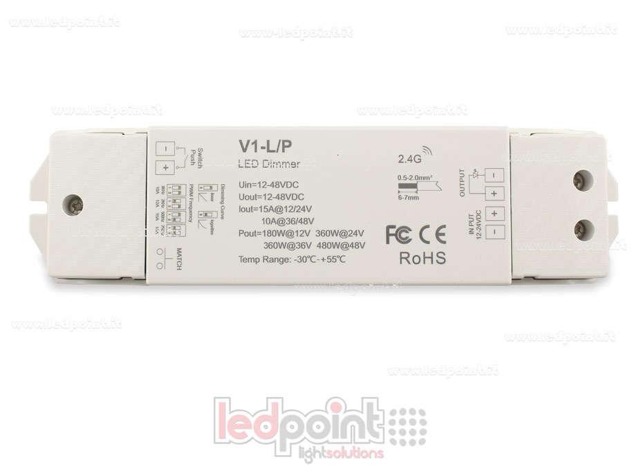 Receptor dimmer monocromático con interruptor, frecuencia PWM seleccionable, 1ch*15A 12/24V o 1ch*10A 36/48V, RF 2.4G Receptor dimmer monocromático con interruptor, frecuencia PWM seleccionable, 1ch*15A 12/24V o 1ch*10A 36/48V, RF 2.4G