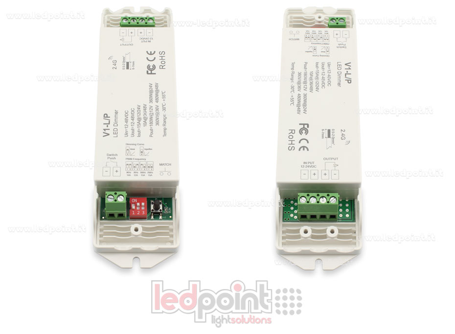Receptor dimmer monocromático con interruptor, frecuencia PWM seleccionable, 1ch*15A 12/24V o 1ch*10A 36/48V, RF 2.4G Receptor dimmer monocromático con interruptor, frecuencia PWM seleccionable, 1ch*15A 12/24V o 1ch*10A 36/48V, RF 2.4G