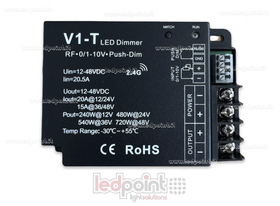Receptor dimmer monocromático con interruptor, 0/1-10V, 12/24V, 1ch*20A, RF 2.4G Receptor dimmer monocromático con interruptor, 0/1-10V, 12/24V, 1ch*20A, RF 2.4G