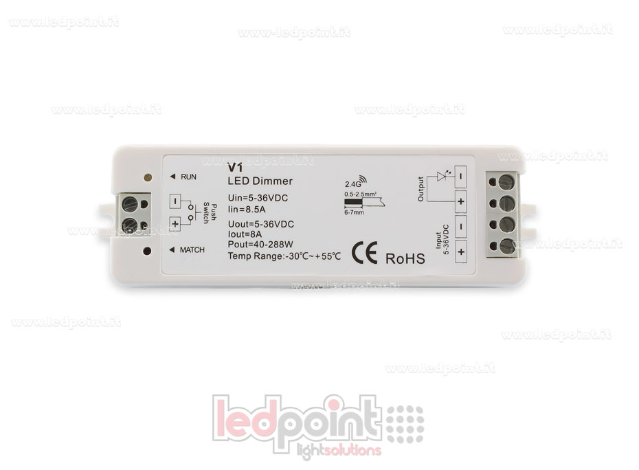 Receptor dimmer monocromático con interruptor 5/36V, 1ch*8A, 500PWM, RF 2.4G