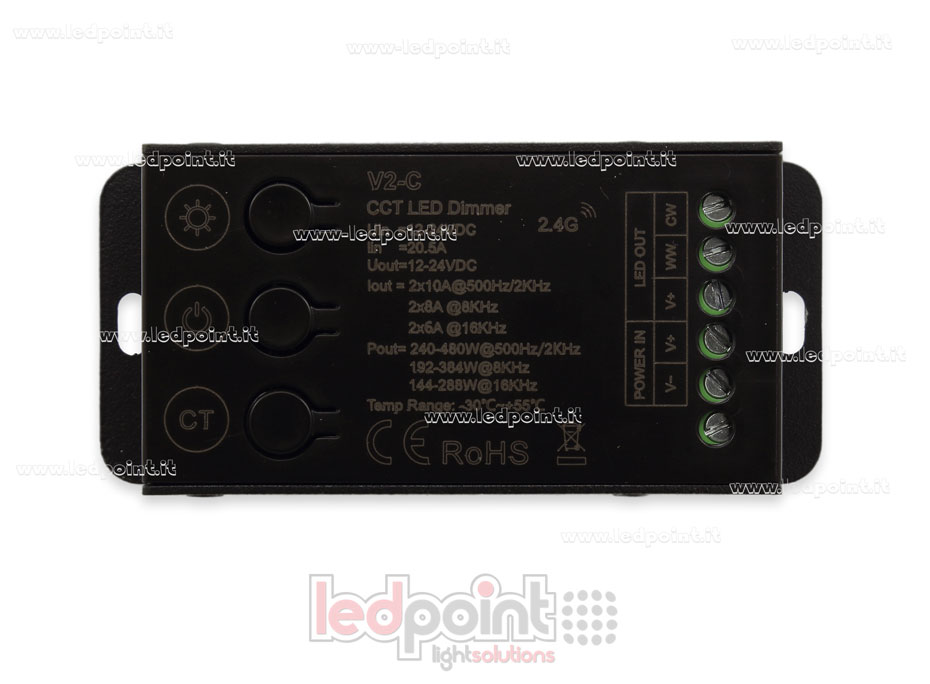 Receptor controlador CCT 12-24V, 2ch*10A con 3 botones y PWM seleccionable, RF 2.4G Receptor controlador CCT 12-24V, 2ch*10A con 3 botones y PWM seleccionable, RF 2.4G