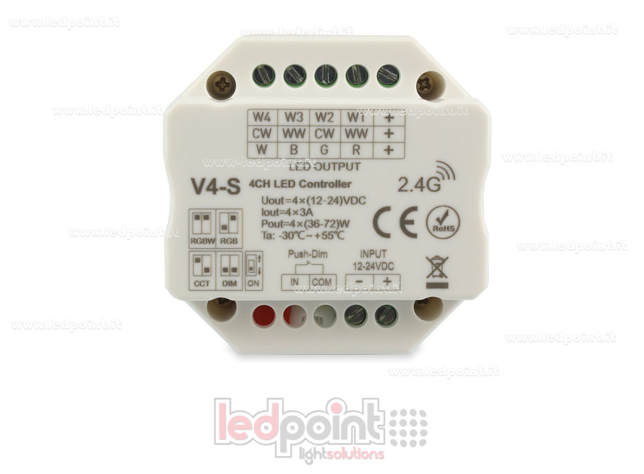 Receptor Controlador RGBW con interruptor/Triac 12/24V, 4ch*3A, RF 2.4G, Instalación en caja para interruptores de pared Receptor Controlador RGBW con interruptor/Triac 12/24V, 4ch*3A, RF 2.4G, Instalación en caja para interruptores de pared