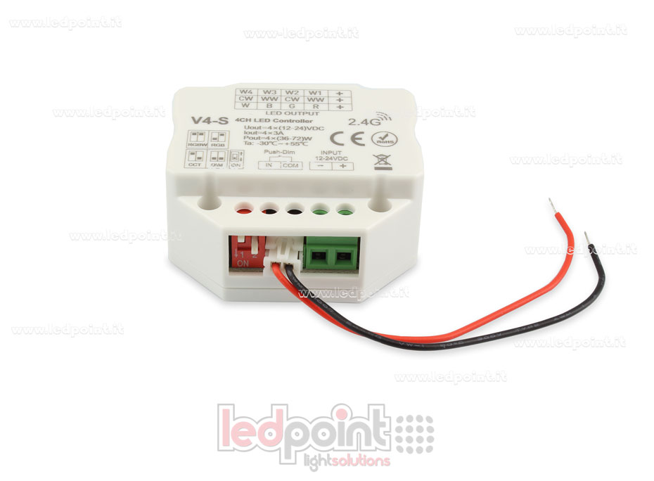 Receptor Controlador RGBW con interruptor/Triac 12/24V, 4ch*3A, RF 2.4G, Instalación en caja para interruptores de pared Receptor Controlador RGBW con interruptor/Triac 12/24V, 4ch*3A, RF 2.4G, Instalación en caja para interruptores de pared