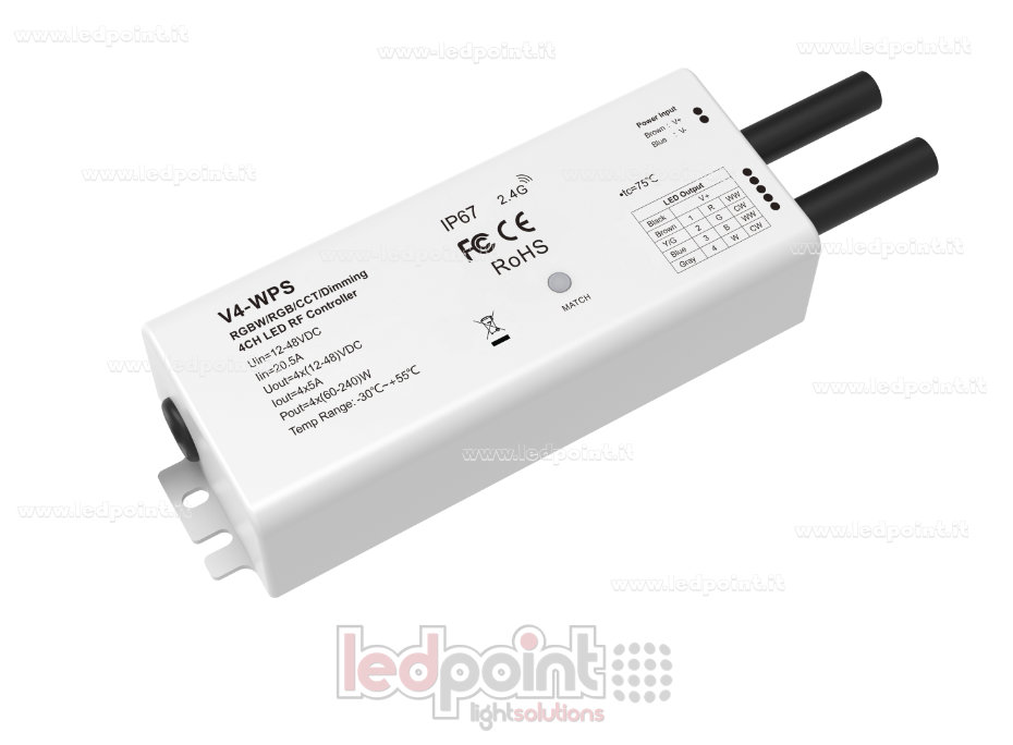 Receptor controlador RGBW IP67 $12/48\text{V}$, $4\text{ch} \times 5\text{A}$, RF $2,4\text{G}$