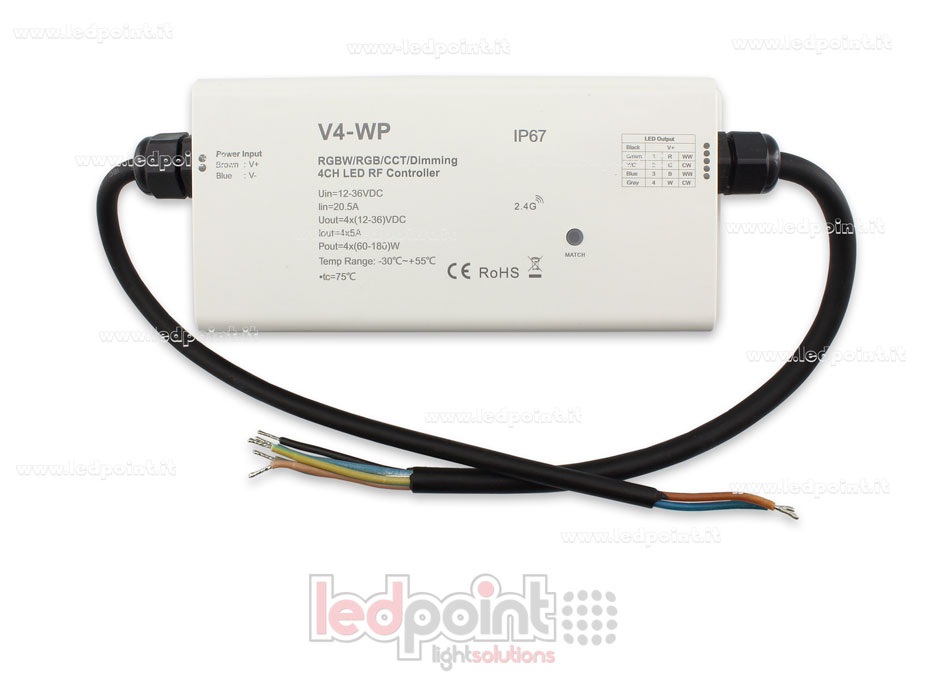 Controlador RGBW IP67 waterproof 12/36V, 4ch*5A, RF 2.4G Controlador RGBW IP67 waterproof 12/36V, 4ch*5A, RF 2.4G