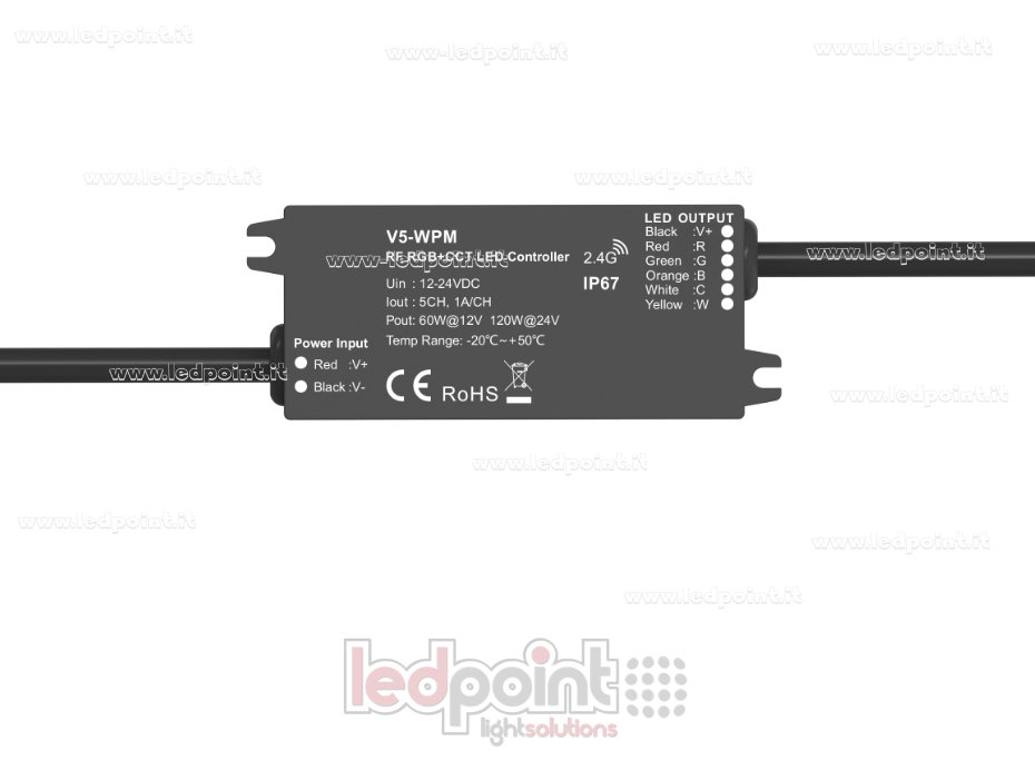 Mini controlador LED por RF RGB + CCT, de 5 canales, IP67, 12/24 V CC, 1 A*5 canales, RF 2,4 GHz Mini controlador LED por RF RGB + CCT, de 5 canales, IP67, 12/24 V CC, 1 A*5 canales, RF 2,4 GHz