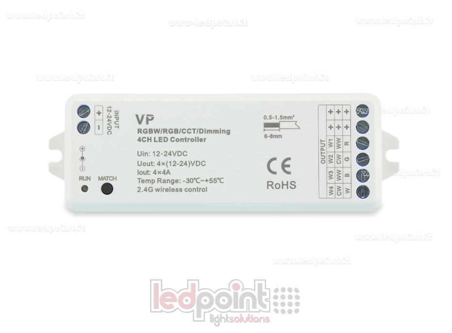 Controlador RGBW 12/24V, 4ch*4A, Max 16A, RF 2.4G Controlador RGBW 12/24V, 4ch*4A, Max 16A, RF 2.4G