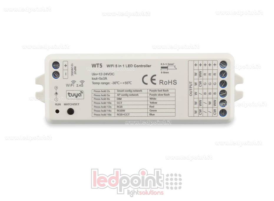 Controlador Wifi y RF 2.4G, RGB+CCT, RGBW, RGB, CCT y monocromático