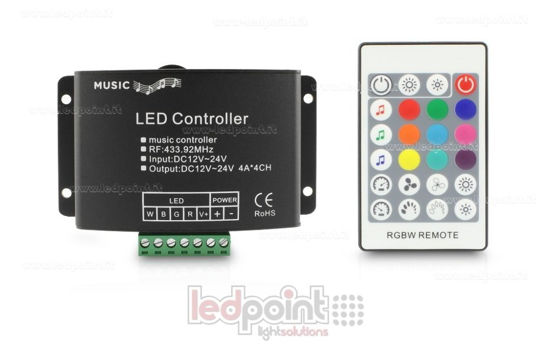 Imagen de Controlador RGBW audio, RF 433 Mhz, 12/24V, 4ch*4A
