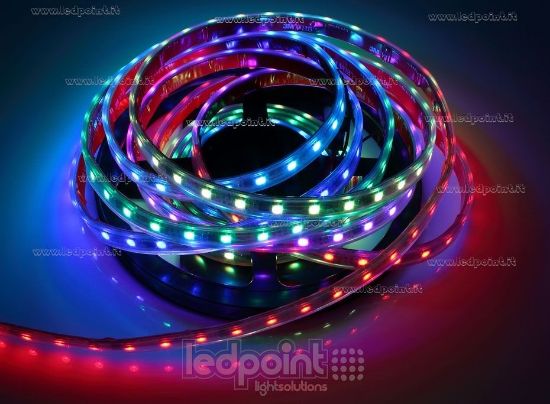 Imagen de Tira led 5m RGB Digital 5050 60led/m 12V 13W/m, IP65 tubo de silicona extruído bordes llenos interior vacío