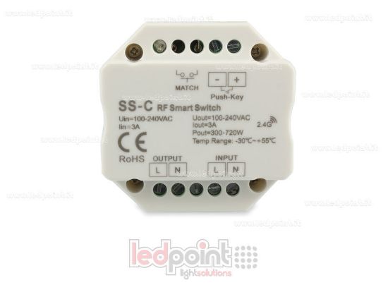 Imagen de Controlador monocromático 100-240VAC, on/off, no dimerizable, 3A, push dim, RF 2.4G para caje de conexiones de pared