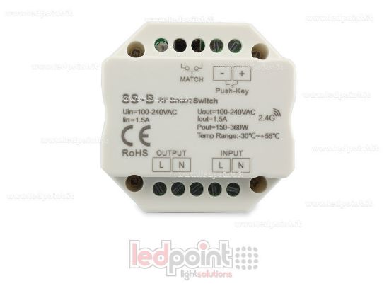 Imagen de Controlador monocromático 100-240VAC, on/off, no dimerizable, 1.5A push dim, RF 2.4G para caja de conexiones de pared