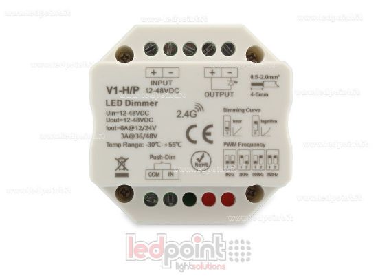 Imagen de Controlador monocromático con interruptor para caje de conexiones de pared 1CH*4A/8A 12-48VDC, RF 2.4G con curva logarítmica o linear y frecuencia PWM seleccionable