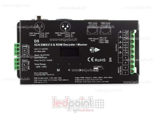 Imagen de DMX 512 & RDM descodificador carril, 5 canales de 6A cada uno, tensión 12-24V DC, XLR3 e RJ45