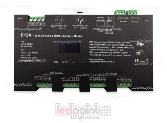 Imagen de Descodificador DMX 512 con pantalla oled, 12 canales de 5A cada uno, voltaje 12-24V DC