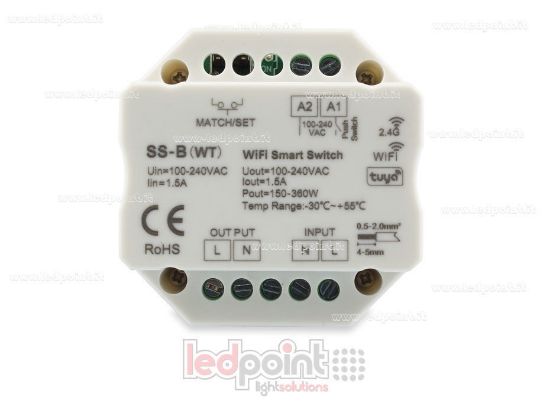 Imagen de Controlador monocromático 100-240VAC, on/off, no dimerizable, 1.5A push switch, WiFi, RF 2.4G para caja de conexiones de pared