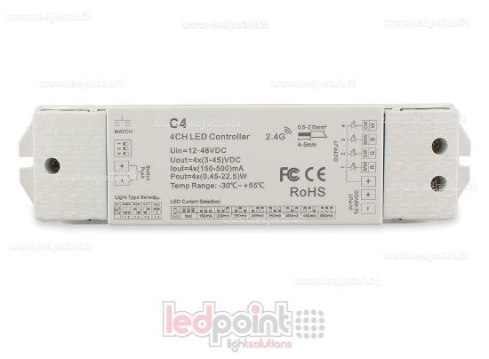 Imagen de Receptor controlador monocromático, CCT, RGB y RGBW con interruptor 12/48V, 4ch*150-500mA corriente constante RF 2.4G