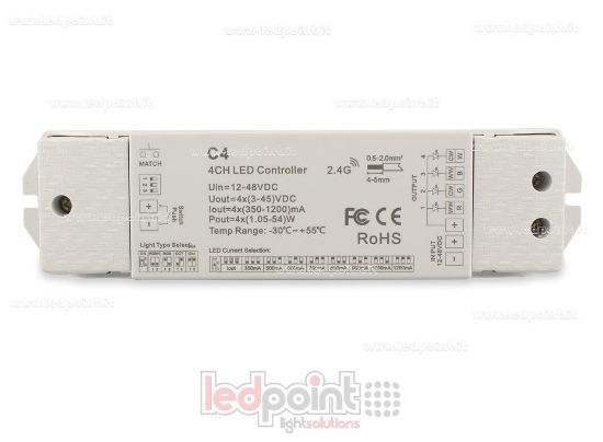 Imagen de Receptor controlador monocromático, CCT, RGB y RGBW con interruptor 12/48V, 4ch*350-1200mA, corriente constante RF 2.4G