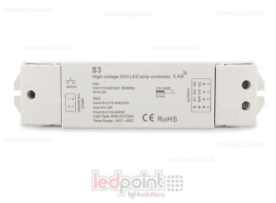Imagen de Controlador de tira led 110-240 VDC, CCT/RGB, 3 canales de 1A cada uno, RF 2.4G