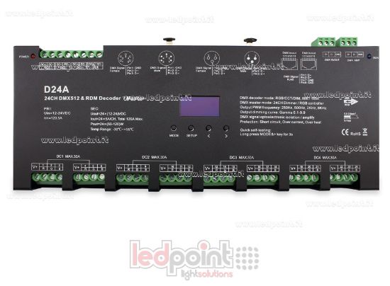 Imagen de Descodificador DMX 512 con pantalla oled, 24 canales de 5A cada uno, voltaje 12-24V DC