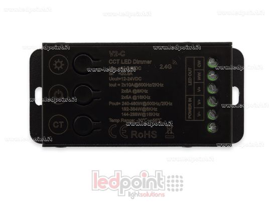 Imagen de Receptor controlador CCT 12-24V, 2ch*10A con 3 botones y PWM seleccionable, RF 2.4G