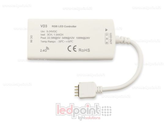 Imagen de Receptor dimmer RGB con 3 interruptores 5/24V, 1ch*5A, RF 2.4G