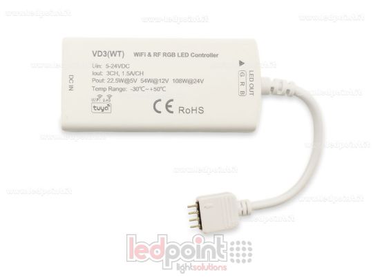 Imagen de Receptor dimmer RGB con 3 botones 5/24V, 1ch*5A, Tuya App y 2.4G RF
