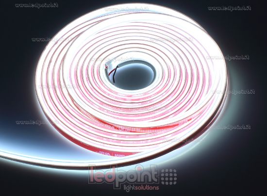 Imagen de Tira de led COB 5m blanco frío 6000K CRI Ra>90 486led/m 12V 6W/m PCB 5mm, IP65 tubo de silicona extruído bordes llenos interior vacío