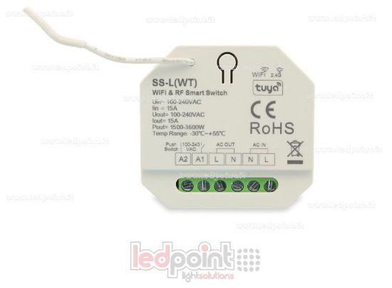 Imagen de Controlador monocromático 100-240VAC, on/off, no dimerizable, 15A push dim, WiFi, RF 2.4G para caja de conexiones de pared