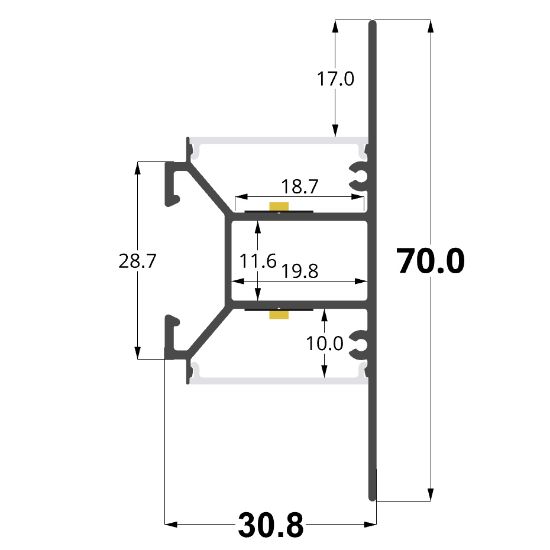 Imagen de Perfil de aluminio con doble emisión de luz para montaje en pared 31x70mm