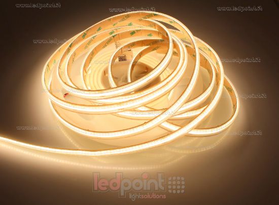 Imagen de Tira de led COB 5m blanco cálido 3000K CRI Ra>90 320led/m 24V 9,6W/m, IP65 tubo de silicona extruído bordes llenos interior vacío