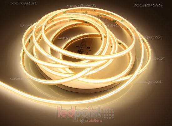 Imagen de Tira de led COB 5m blanco cálido 3000K CRI Ra>93 400led/m 24V PCB 5mm 11W/m, IP65 tubo de silicona extruído bordes llenos interior vacío