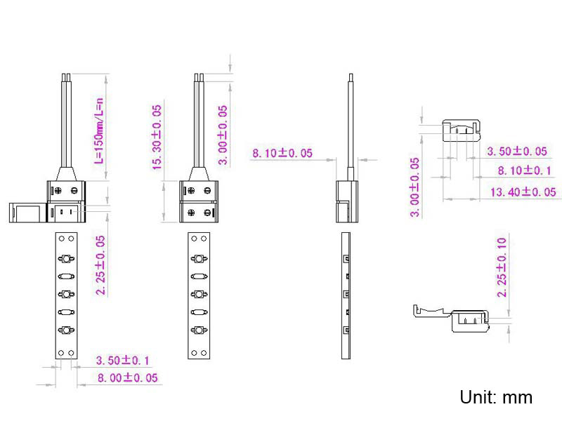 Conector waterproof con cable de 14cm para tiras de led IP65/IP53 2835 y 3528 monocromáticas (PCB 8mm), versión reducida C3MW-CST-W14-s1