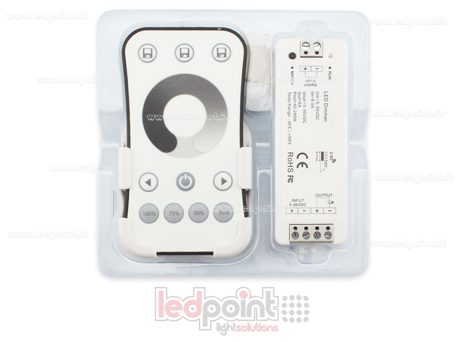 Kit mando + controlador monocromático con interruptor 5/36V, 1ch*8A, RF 2.4G CT-MON-086RP-1378 Kit mando + controlador monocromático con interruptor 5/36V, 1ch*8A, RF 2.4G CT-MON-086RP-1378