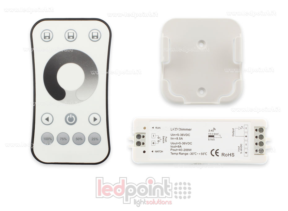 Kit mando + controlador monocromático con interruptor 5/36V, 1ch*8A, RF 2.4G CT-MON-086RP-1378 Kit mando + controlador monocromático con interruptor 5/36V, 1ch*8A, RF 2.4G CT-MON-086RP-1378
