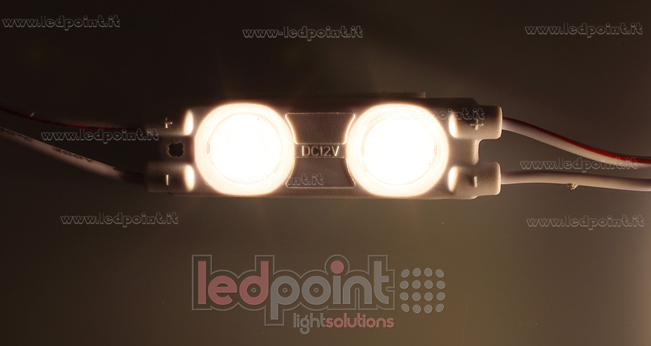 Módulo 2 led 2835, 0,72W 12V, blanco cálido 3000-3500K, IP65 con lente 165° ModD-300-02821