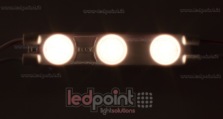 Módulo 3 led 2835, 1,2W 12V, blanco cálido 3000K, IP65 con lente 165° ModD-300-03821 Módulo 3 led 2835, 1,2W 12V, blanco cálido 3000K, IP65 con lente 165° ModD-300-03821