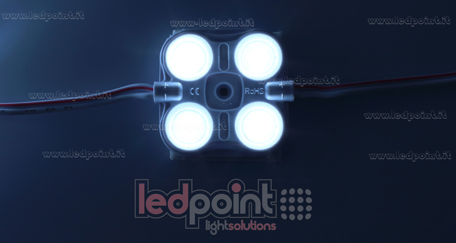 Módulo 4 led 2835, 1,5W 12V, blanco frío 6000-7000K, IP65 con lente 165° ModD-600-04821