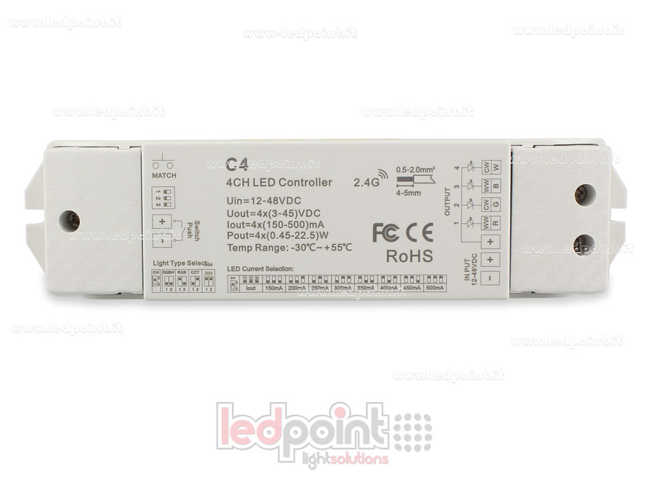 Receptor controlador monocromático, CCT, RGB y RGBW con interruptor 12/48V, 4ch*150-500mA corriente constante RF 2.4G  SK-C4(150-500)