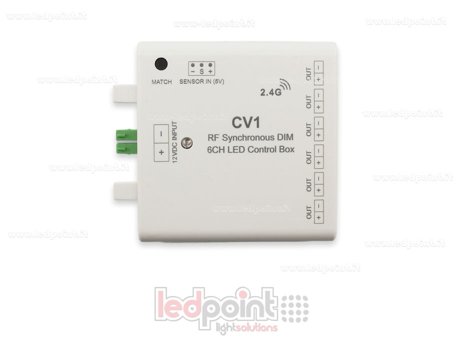 Interfaz dimmer 6ch 60W 12V-24V, RF 2.4GHz con entrada para sensor SK-CV1-12v Interfaz dimmer 6ch 60W 12V-24V, RF 2.4GHz con entrada para sensor SK-CV1-12v