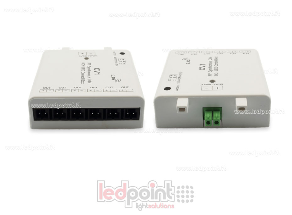 Interfaz dimmer 6ch 60W 12V-24V, RF 2.4GHz con entrada para sensor SK-CV1-12v Interfaz dimmer 6ch 60W 12V-24V, RF 2.4GHz con entrada para sensor SK-CV1-12v