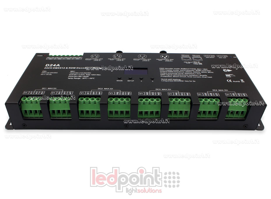Descodificador DMX 512 con pantalla oled, 24 canales de 5A cada uno, voltaje 12-24V DC  SK-D24A