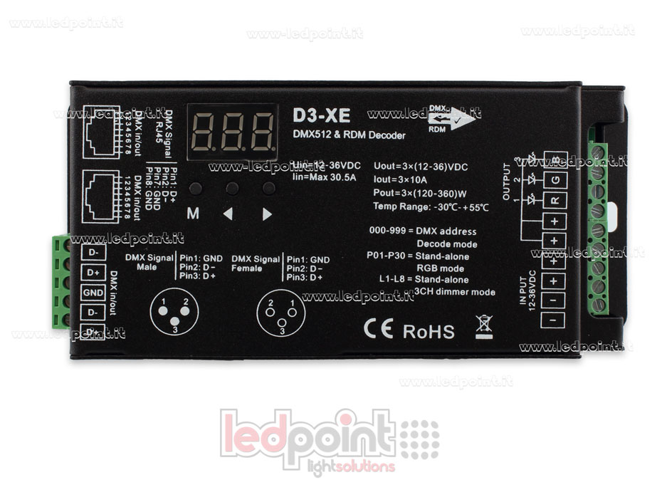 DMX 512 & RDM descodificador carril, 3 canales de 10A cada uno, tensión 12-36V DC. XLR3, RJ45 SK-D3-XE