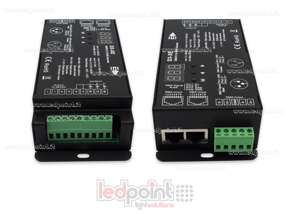 DMX 512 & RDM descodificador carril, 3 canales de 10A cada uno, tensión 12-36V DC. XLR3, RJ45 SK-D3-XE