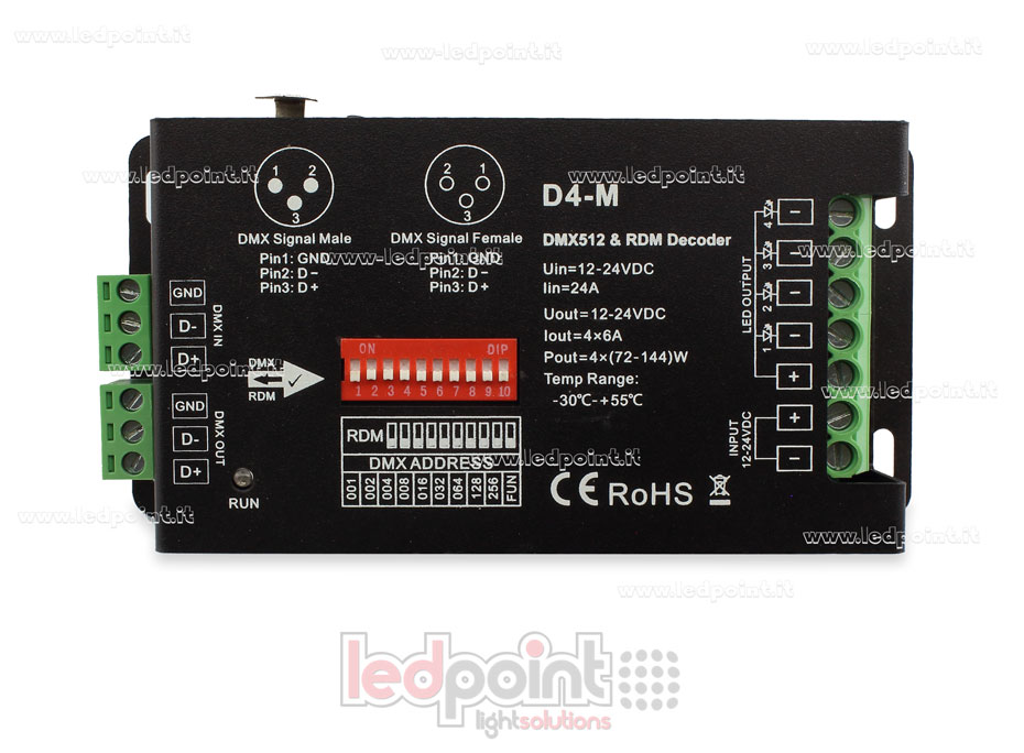 DMX 512 descodificador , 4 canales de 6A cada uno, tensión 12-24V DC, XLR3  SK-D4-M