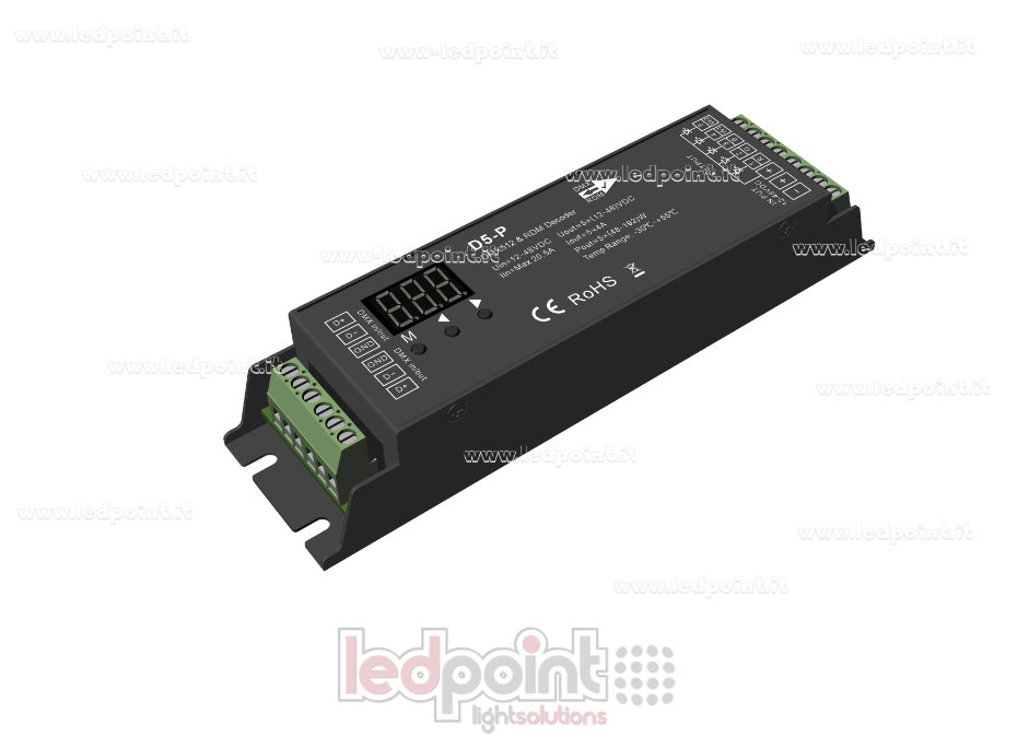 DMX 512 & RDM descodificador carril, 5 canales de 4A cada uno, tensión 12-48V DC SK-D5-P DMX 512 & RDM descodificador carril, 5 canales de 4A cada uno, tensión 12-48V DC SK-D5-P