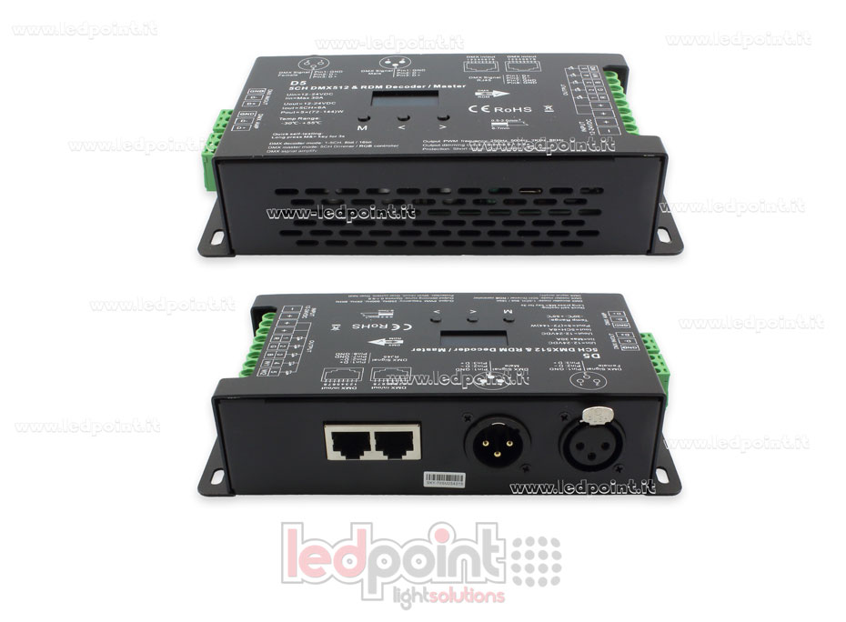 DMX 512 & RDM descodificador carril, 5 canales de 6A cada uno, tensión 12-24V DC, XLR3 e RJ45 SK-D5