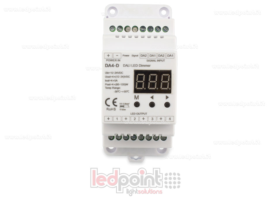 Dimmer DALI, carril DIN, 4 canales 5A, 12-24V DC, voltaje constante (DT6) SK-DA4-D Dimmer DALI, carril DIN, 4 canales 5A, 12-24V DC, voltaje constante (DT6) SK-DA4-D