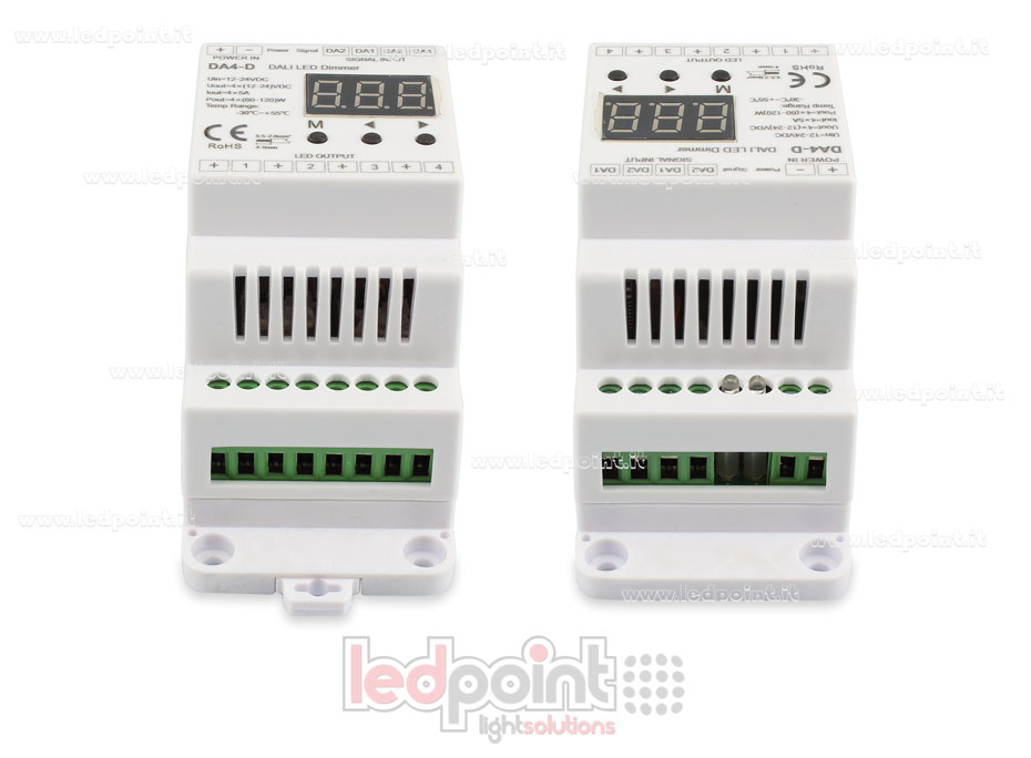 Dimmer DALI, carril DIN, 4 canales 5A, 12-24V DC, voltaje constante (DT6) SK-DA4-D Dimmer DALI, carril DIN, 4 canales 5A, 12-24V DC, voltaje constante (DT6) SK-DA4-D